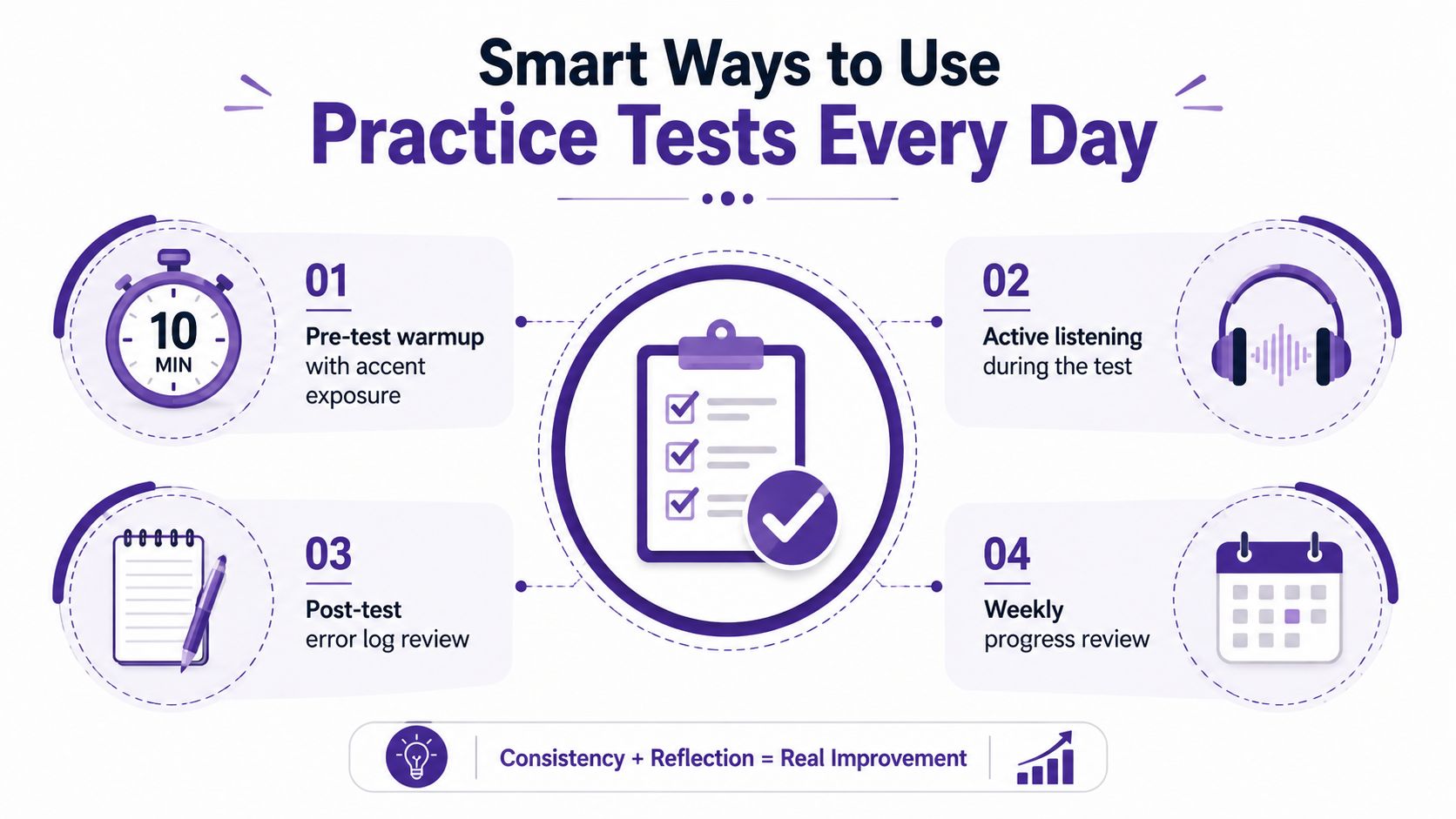 An infographic titled Smart Ways to Use Practice Tests Every Day showcasing four daily study strategies.