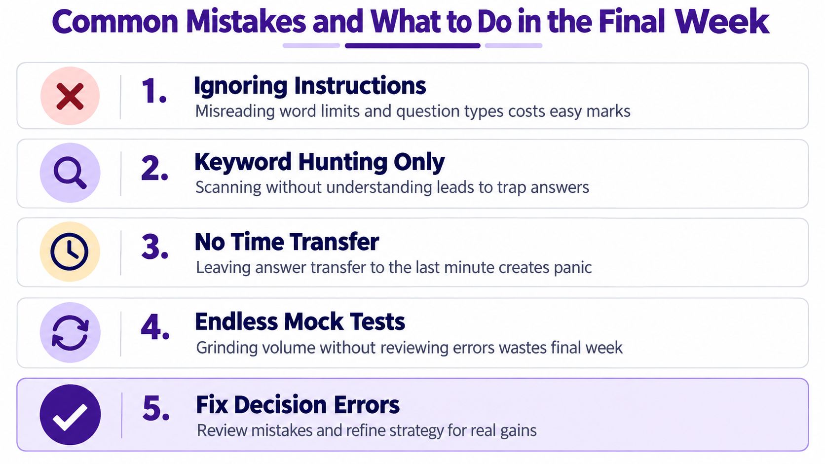 A list of five common mistakes and solutions for students preparing for a final exam week.