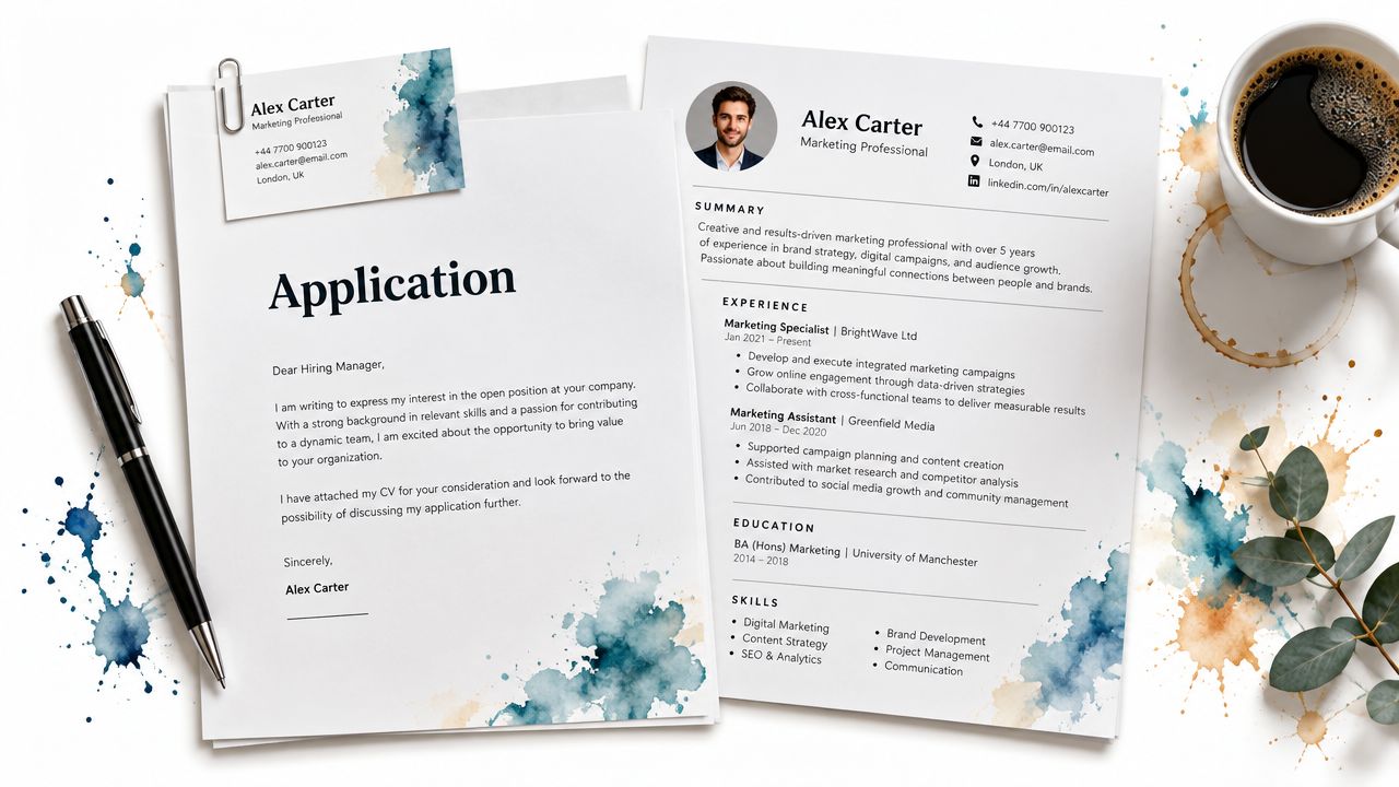 A professional resume application set on a desk with a coffee mug and a pen for job seekers.