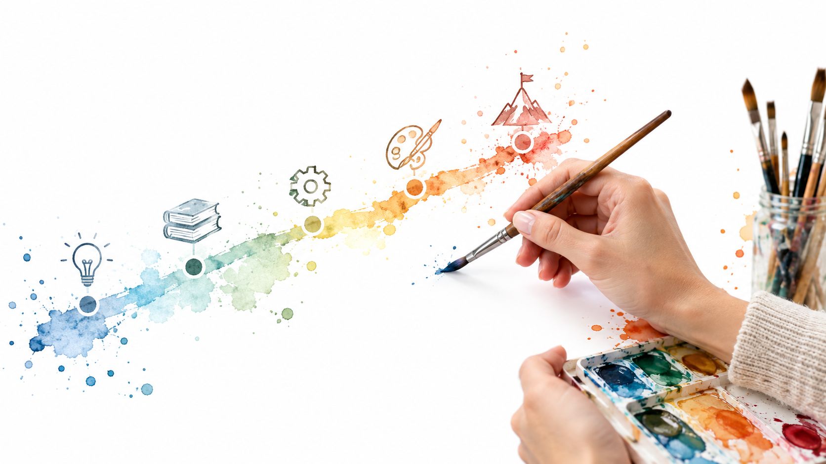 A hand painting a colorful watercolor growth path with icons representing ideas, learning, and goal achievement.