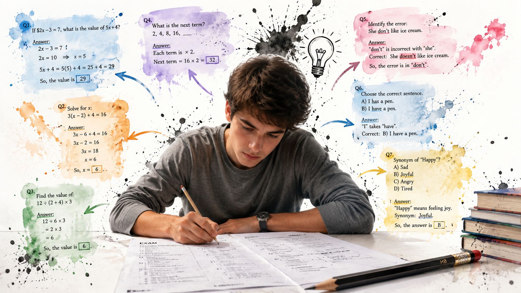 A student focused on solving mathematical and English grammar questions on a test paper at his desk.