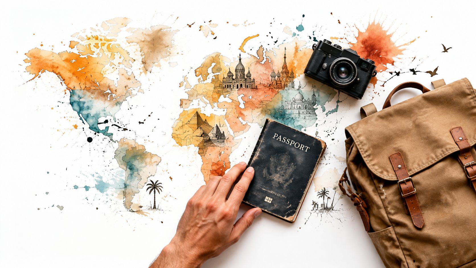 A hand holding a passport on a watercolor world map with a camera and vintage backpack nearby.
