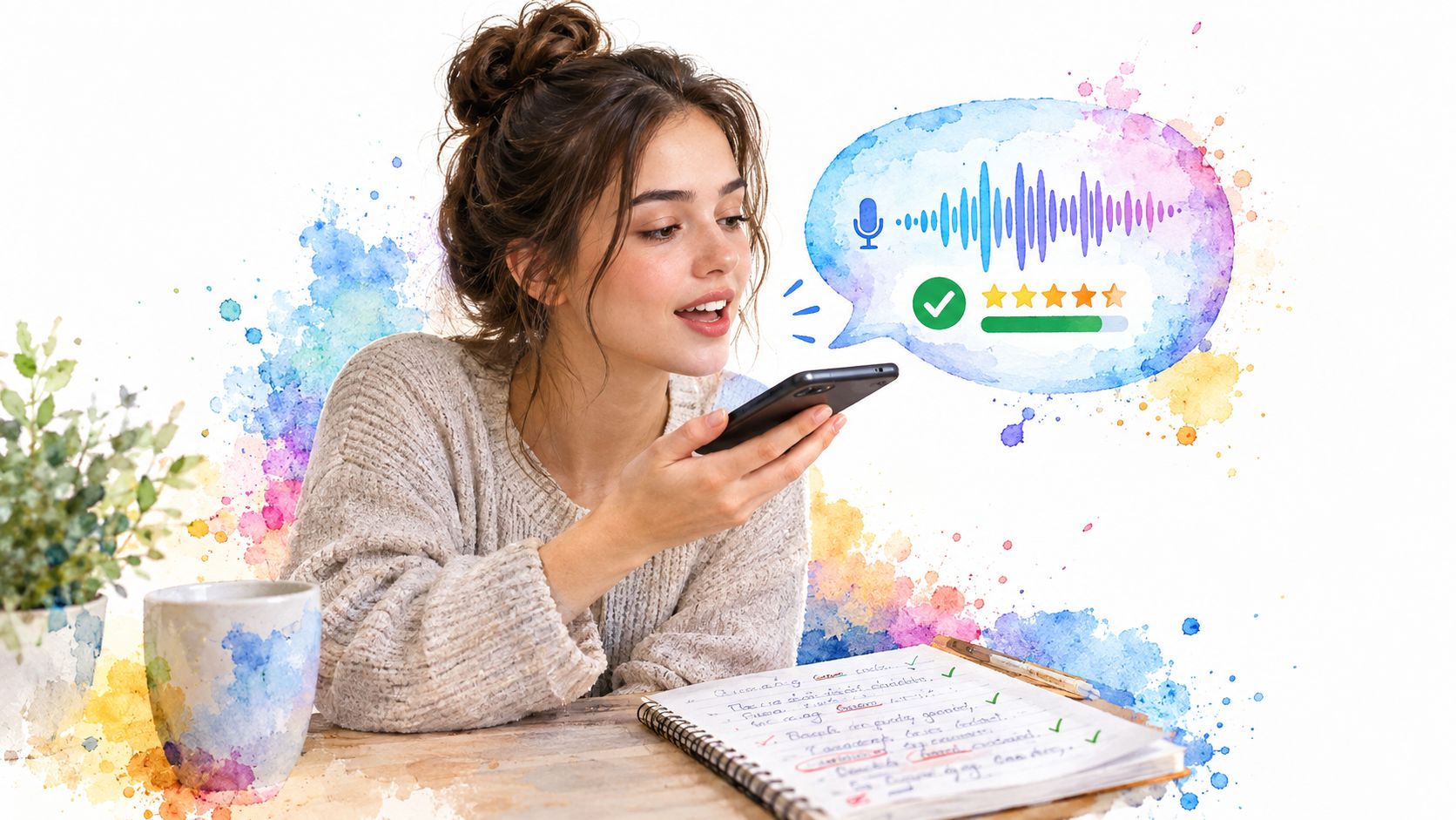 A young woman uses her smartphone to record a voice message while studying English in a notebook.