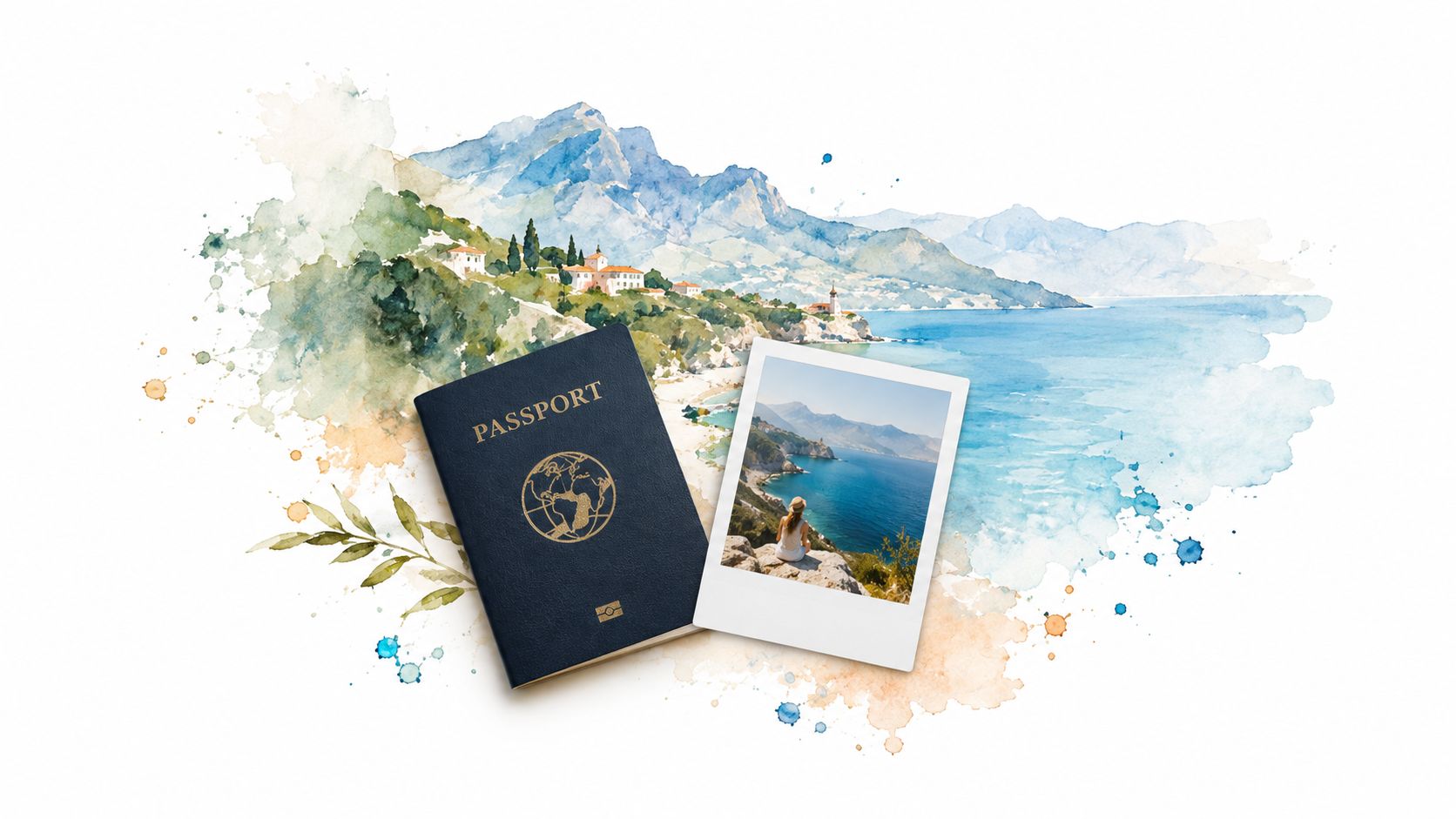 A travel passport and a polaroid photo showing a scenic coastal landscape with mountains and sea.