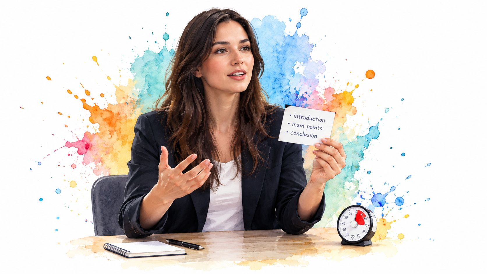 A woman practicing for an IELTS speaking test with a note card and a timer on desk.