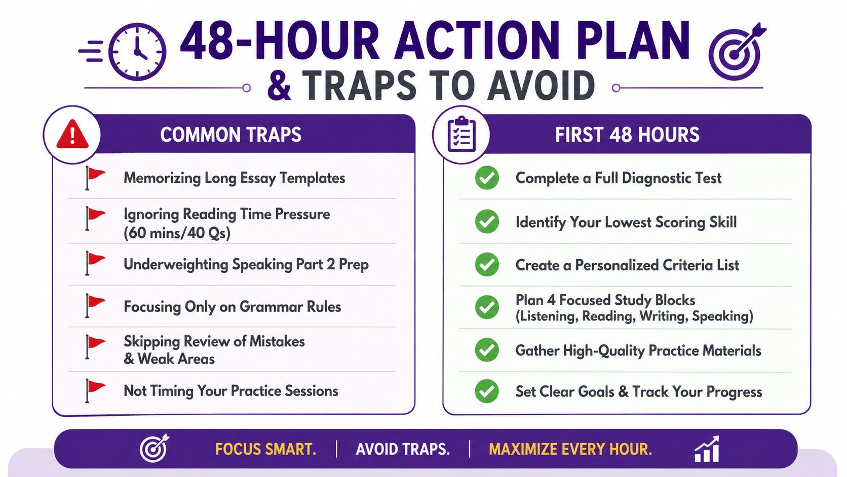 An infographic titled 48-Hour Action Plan listing common mistakes to avoid and essential study steps for IELTS preparation.