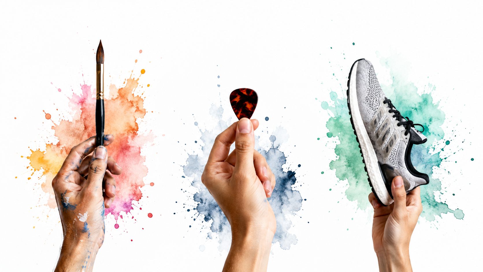 A creative composition showing three hands holding a paintbrush, a guitar pick, and a running shoe.