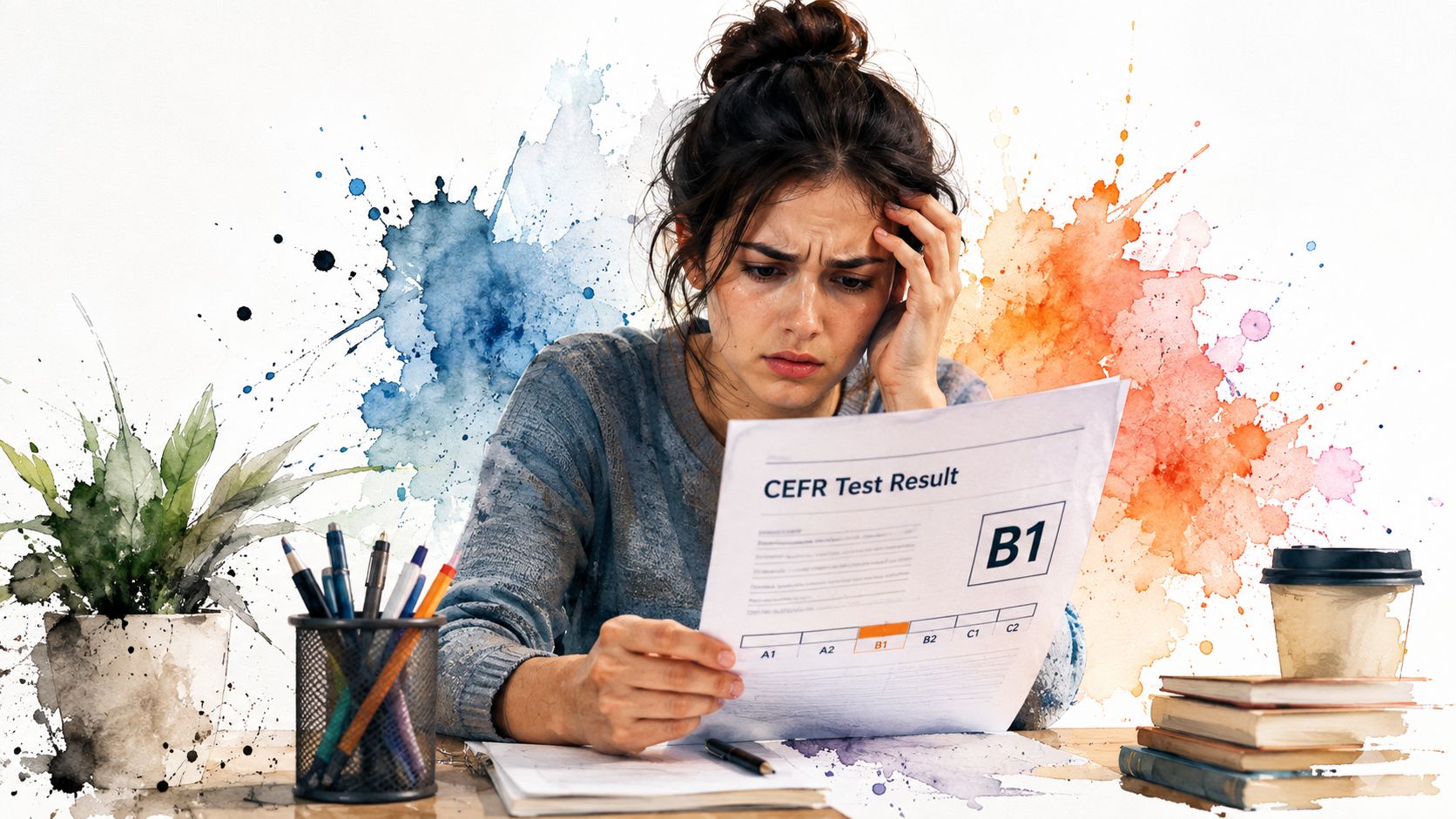 A worried young woman sitting at a desk looking down at a B1 CEFR English test result.