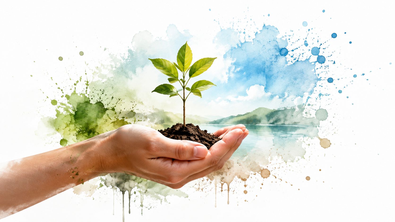 A pair of hands cupping a small green plant growing out of a mound of dark soil.