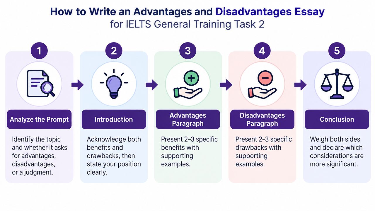 A five-step infographic showing the process for writing an IELTS General Training Task 2 advantages and disadvantages essay.