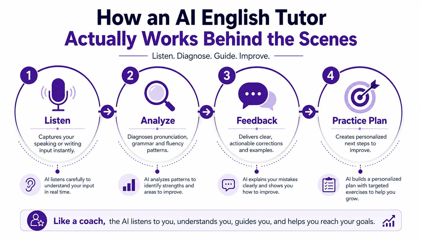 A four-step infographic illustrating how an AI English tutor works through listening, analysing, feedback, and planning.
