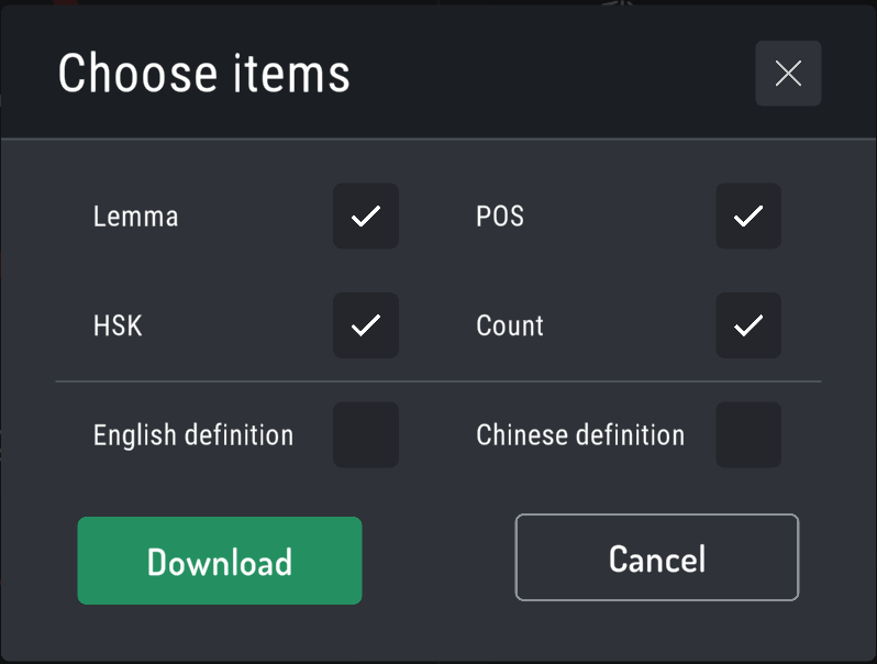 You can click the “Download ” button to save these analyses. You will see “Choose items” after clicking the button. If you want to have the English definition and Chinese definition, you can check the boxes.