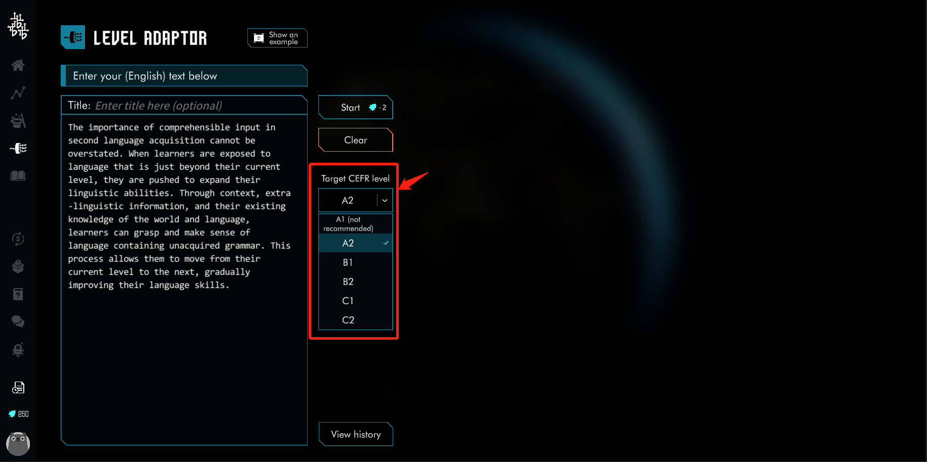 Input your text, choose the target level for adaptation, and click the Start button on Cathoven Level Adaptor