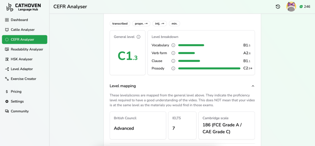 A screenshot of CEFR results for a video.