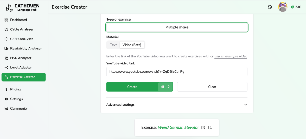 Bring YouTube into your language classroom with Cathoven's video analyser. A screenshot of the exercise creator.