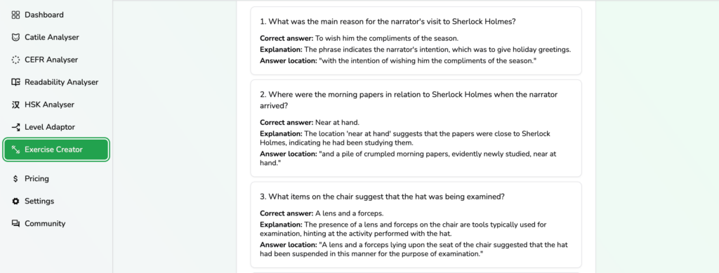 A screenshot of short answer questions for a Sherlock Holmes story.