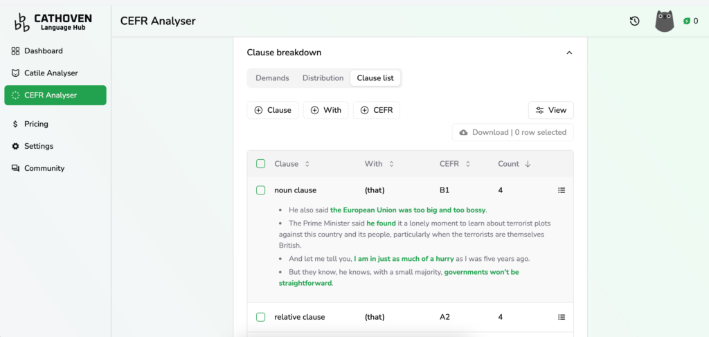 A screenshot of the clause breakdown