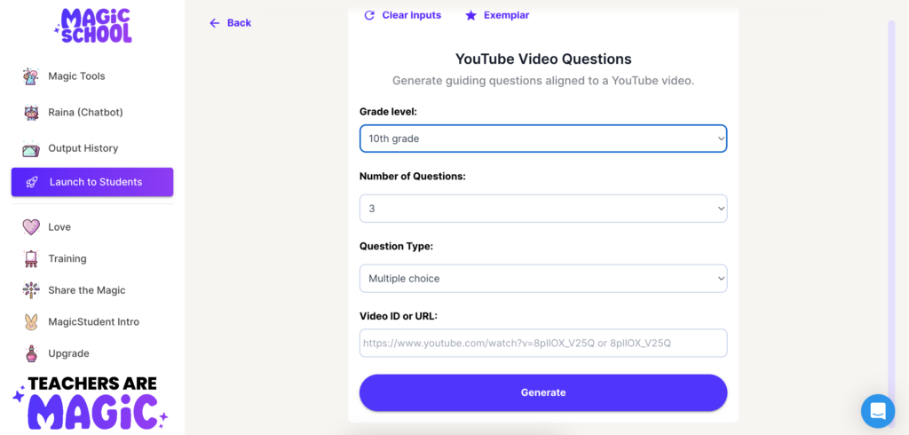 Top 5 AI Video Analysers for Teaching and Learning. A screenshot of Magic School's video question tool. Magic school screenshot.