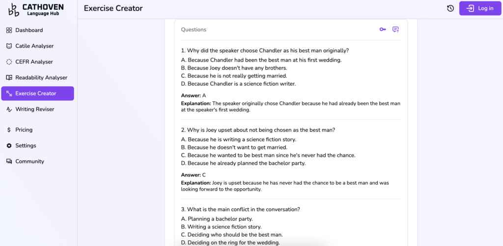A screenshot of Cathoven's multiple choice quiz.